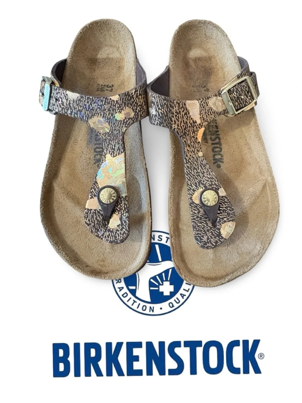 Birkenstock Metallic Brown T-Strap Sandals with Gold Accents